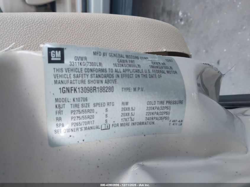 2008 Chevrolet Tahoe Ltz VIN: 1GNFK13098R188280 Lot: 43903996