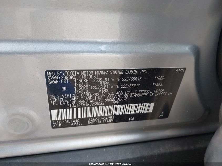 2024 Toyota Rav4 Xle VIN: 2T3W1RFV4RC265089 Lot: 43904001