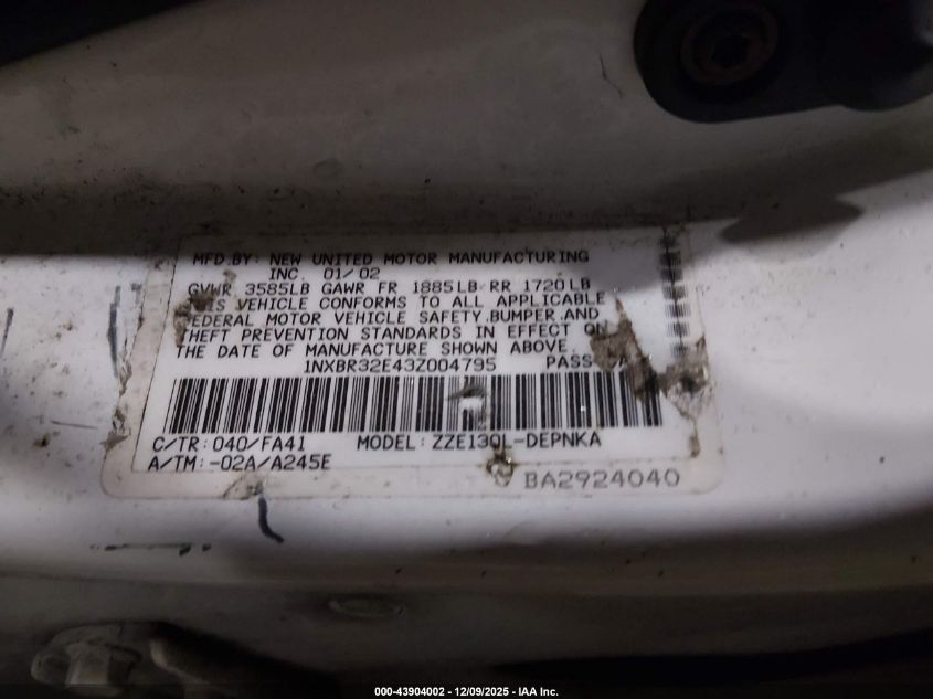 2003 Toyota Corolla Le VIN: 1NXBR32E43Z004795 Lot: 43904002