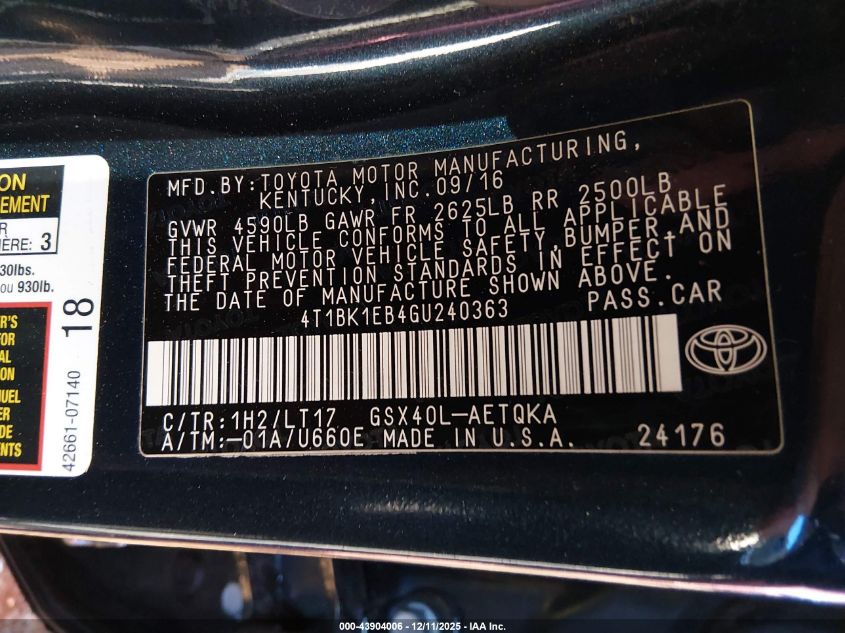 2016 Toyota Avalon Touring VIN: 4T1BK1EB4GU240363 Lot: 43904006