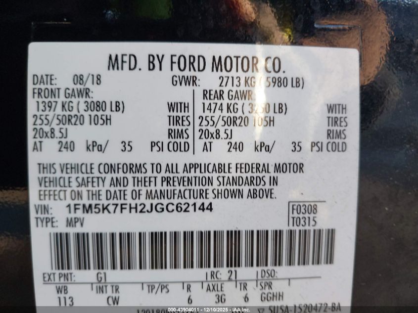 2018 Ford Explorer Limited VIN: 1FM5K7FH2JGC62144 Lot: 43904011