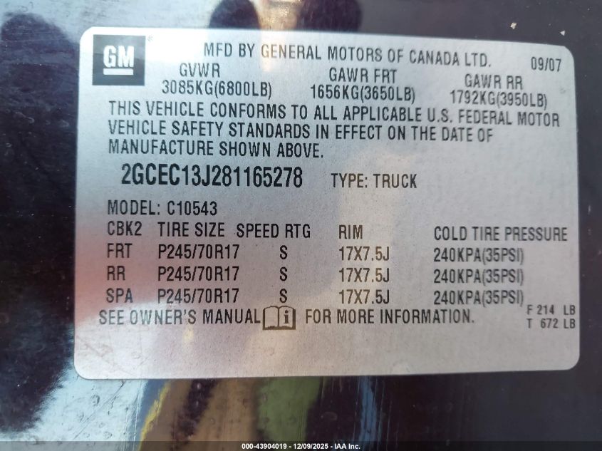 2008 Chevrolet Silverado 1500 Lt1 VIN: 2GCEC13J281165278 Lot: 43904019