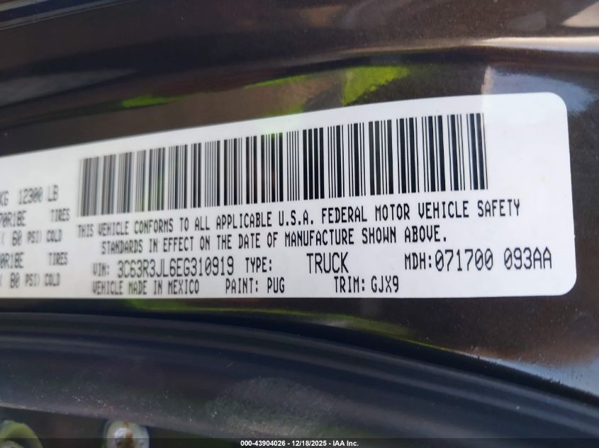 2014 Ram 3500 Laramie VIN: 3C63R3JL6EG310919 Lot: 43904026