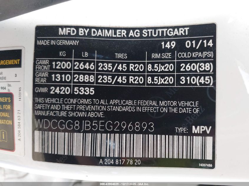 2014 Mercedes-Benz Glk 350 4Matic VIN: WDCGG8JB5EG296893 Lot: 43904029