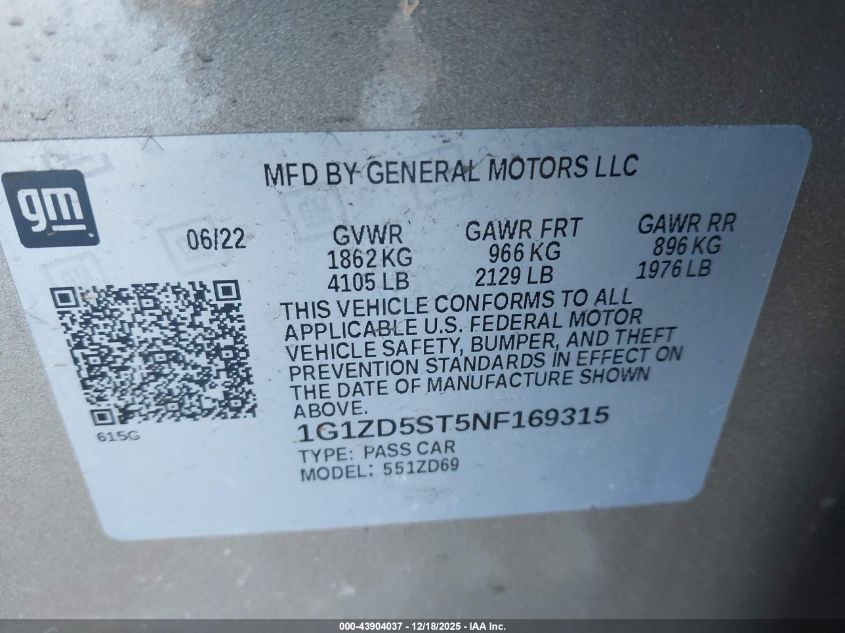 2022 Chevrolet Malibu Fwd Lt VIN: 1G1ZD5ST5NF169315 Lot: 43904037