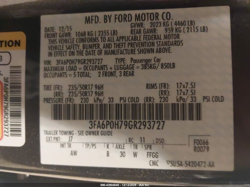 2016 Ford Fusion Se VIN: 3FA6P0H79GR293727 Lot: 43904040