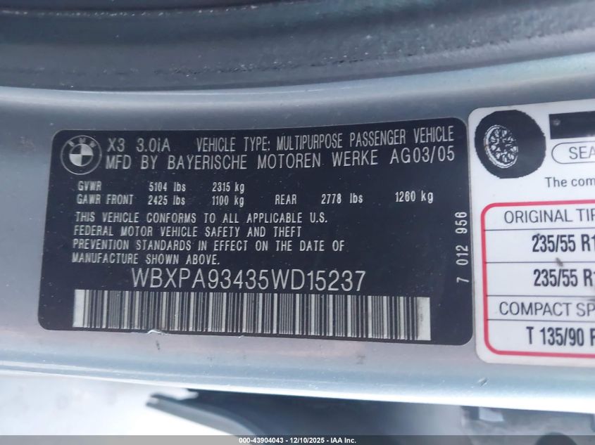 2005 BMW X3 3.0I VIN: WBXPA93435WD15237 Lot: 43904043