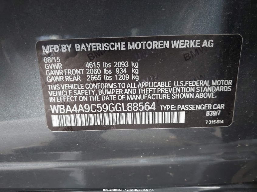 2016 BMW 428I Gran Coupe VIN: WBA4A9C59GGL88564 Lot: 43904050