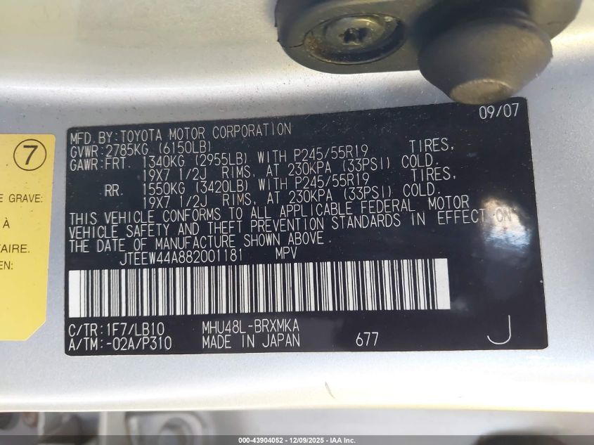 2008 Toyota Highlander Hybrid Limited VIN: JTEEW44A882001181 Lot: 43904052