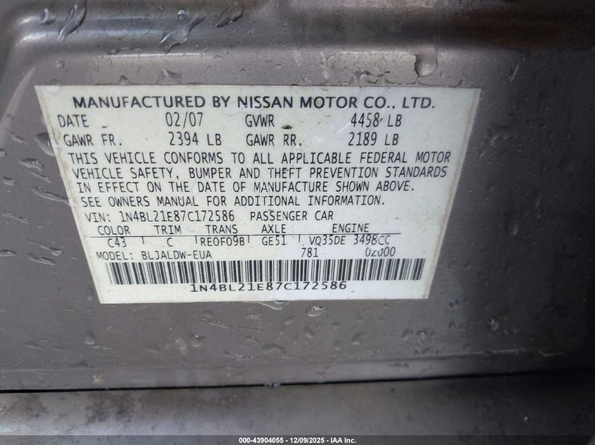 2007 Nissan Altima 3.5 Se VIN: 1N4BL21E87C172586 Lot: 43904055