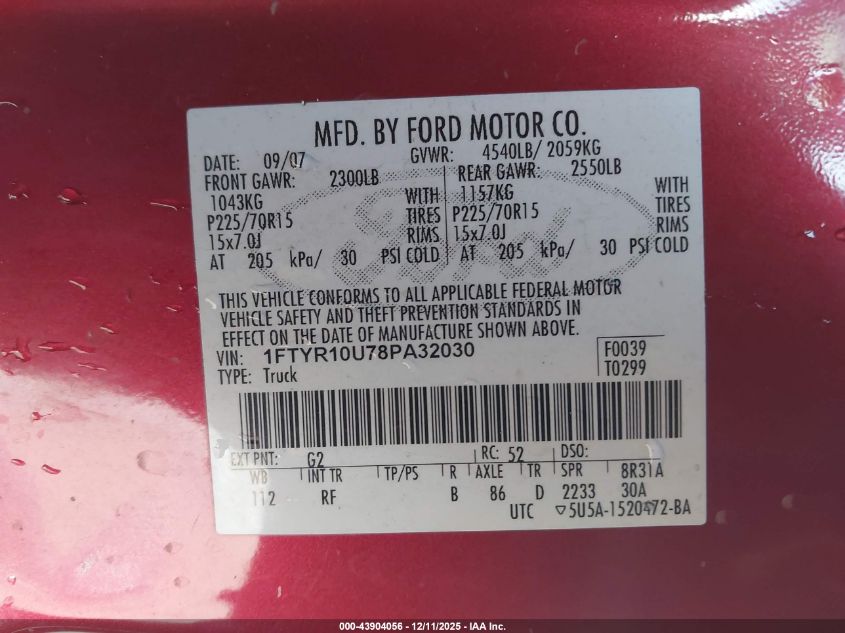 2008 Ford Ranger Sport/Xl/Xlt VIN: 1FTYR10U78PA32030 Lot: 43904056