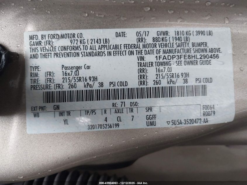 2017 Ford Focus Se VIN: 1FADP3FE8HL290456 Lot: 43904063