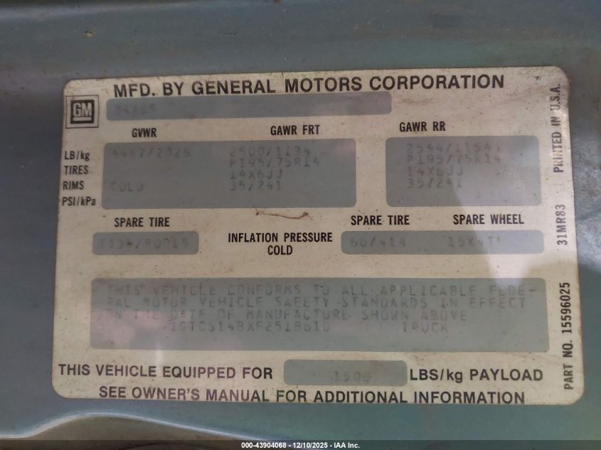 1985 GMC S Truck S15 VIN: 1GTCS14BXF2518610 Lot: 43904068