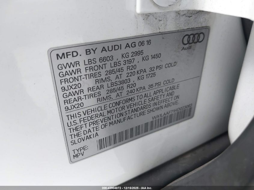 2017 Audi Q7 3.0T Premium VIN: WA1LAAF71HD023063 Lot: 43904072