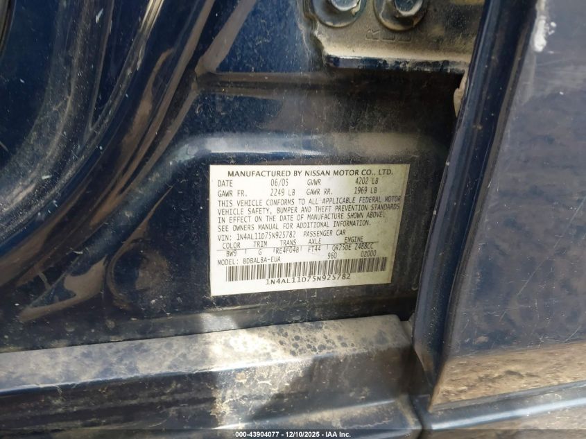 2005 Nissan Altima 2.5 S VIN: 1N4AL11D75N925782 Lot: 43904077