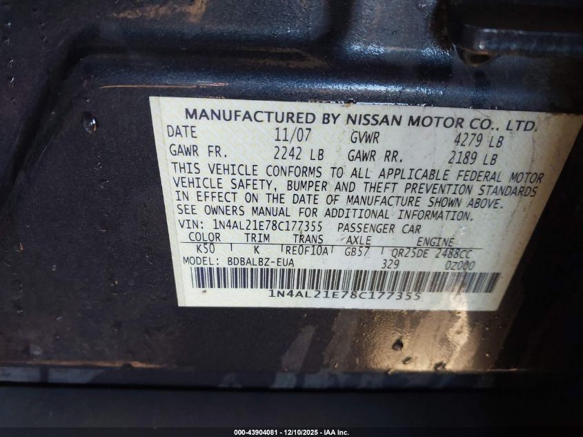 2008 Nissan Altima 2.5 S VIN: 1N4AL21E78C177355 Lot: 43904081