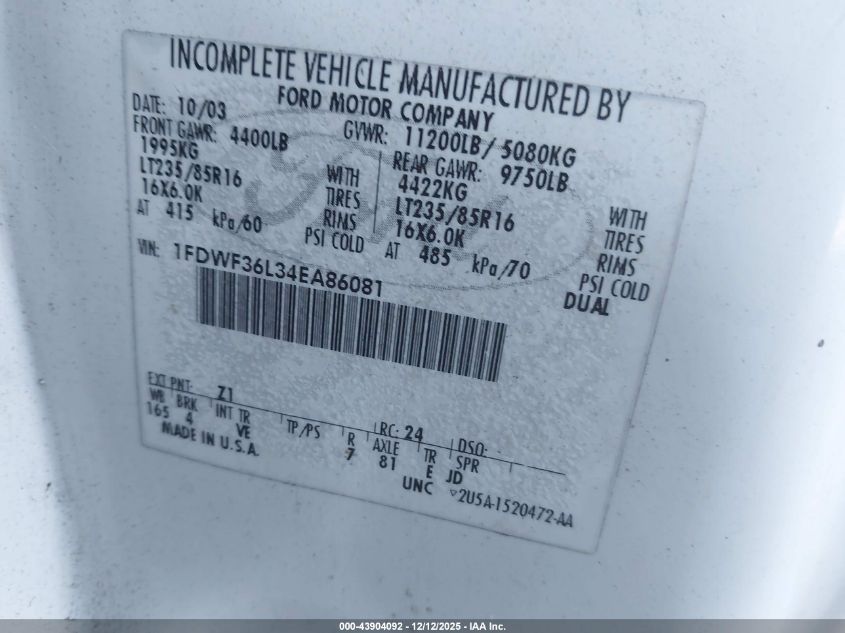 2004 Ford F-350 Xl/Xlt VIN: 1FDWF36L34EA86081 Lot: 43904092