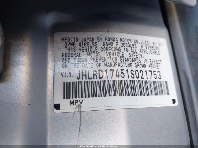 2001 Honda Cr-V Lx VIN: JHLRD17451S021753 Lot: 43904093