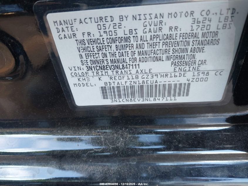 2022 Nissan Versa 1.6 Sv Xtronic Cvt VIN: 3N1CN8EV3NL847111 Lot: 43904098