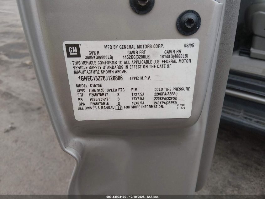 2006 Chevrolet Tahoe Lt VIN: 1GNEC13Z76J120806 Lot: 43904102