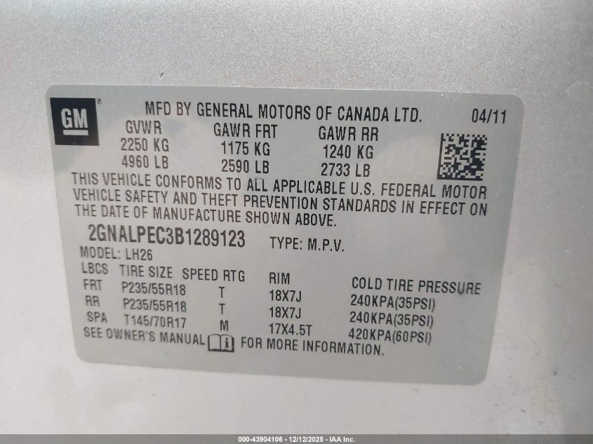 2011 Chevrolet Equinox 2Lt VIN: 2GNALPEC3B1289123 Lot: 43904106
