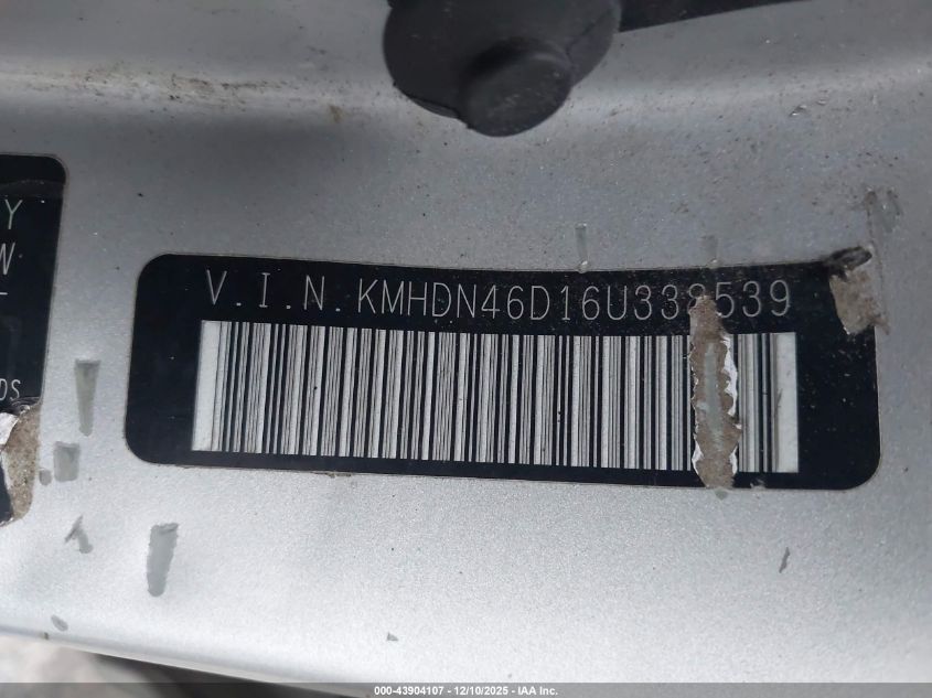 2006 Hyundai Elantra Gls/Limited VIN: KMHDN46D16U338539 Lot: 43904107