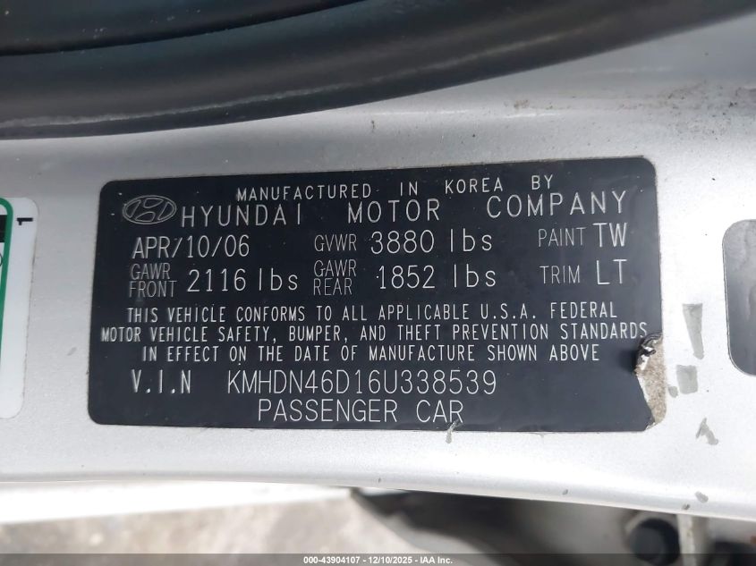 2006 Hyundai Elantra Gls/Limited VIN: KMHDN46D16U338539 Lot: 43904107