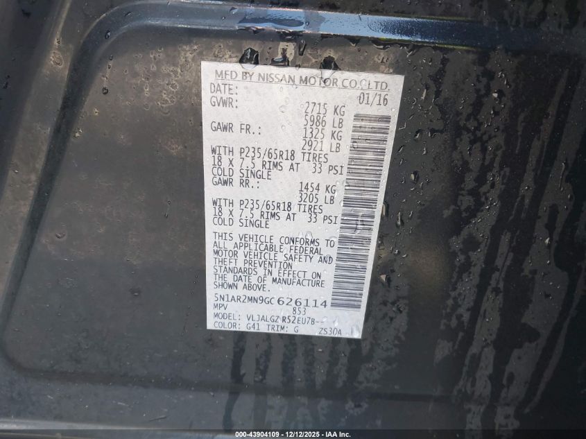 2016 Nissan Pathfinder Sl VIN: 5N1AR2MN9GC626114 Lot: 43904109