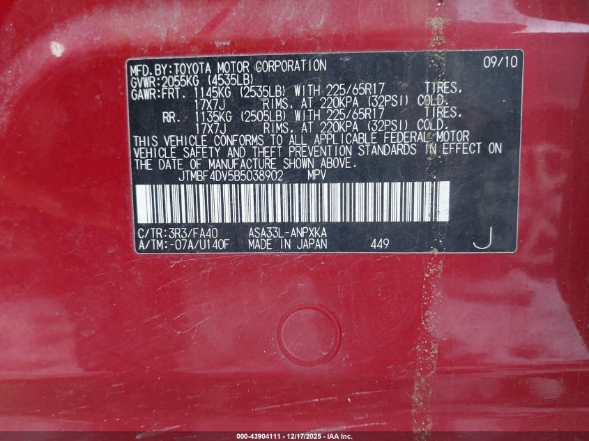 2011 Toyota Rav4 VIN: JTMBF4DV5B5038902 Lot: 43904111