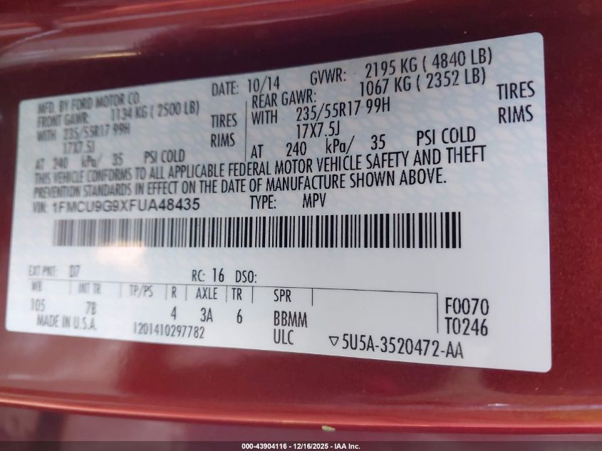 2015 Ford Escape Se VIN: 1FMCU9G9XFUA48435 Lot: 43904116