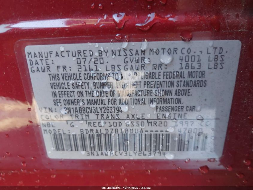 2020 Nissan Sentra Sv Xtronic Cvt VIN: 3N1AB8CV3LY263794 Lot: 43904123