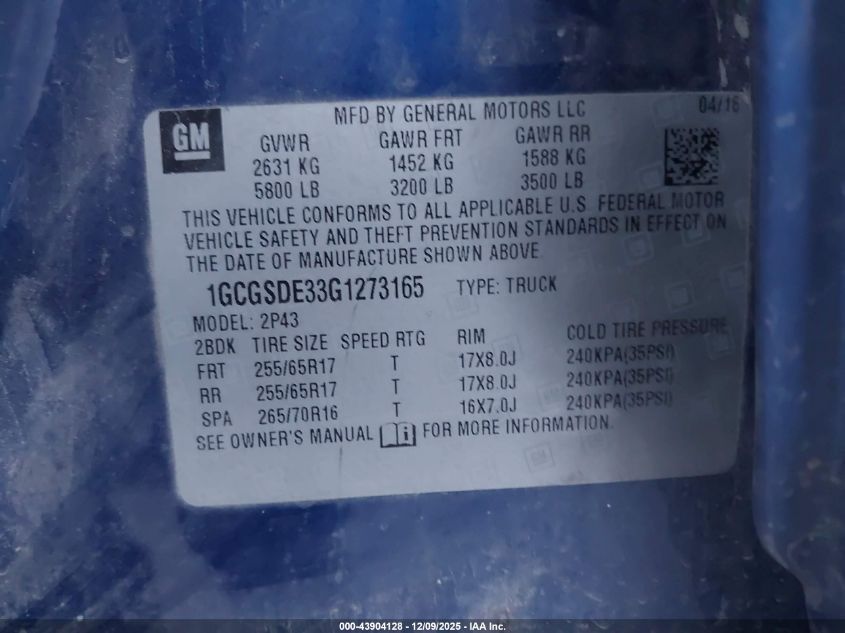 2016 Chevrolet Colorado Z71 VIN: 1GCGSDE33G1273165 Lot: 43904128