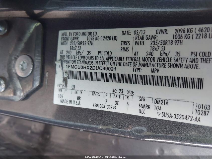 2013 Ford Escape Sel VIN: 1FMCU0HX2DUC99021 Lot: 43904130