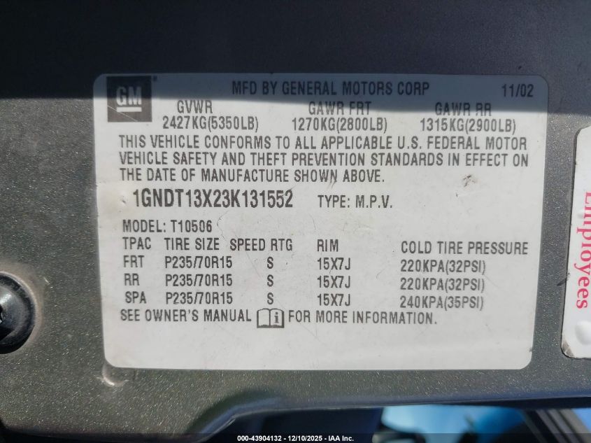 2003 Chevrolet Blazer Ls VIN: 1GNDT13X23K131552 Lot: 43904132