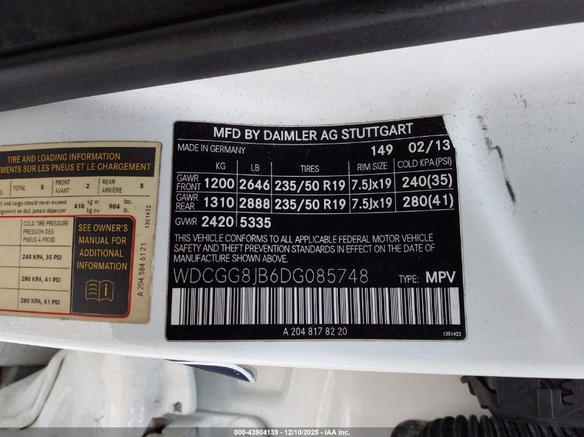 2013 Mercedes-Benz Glk 350 4Matic VIN: WDCGG8JB6DG085748 Lot: 43904139