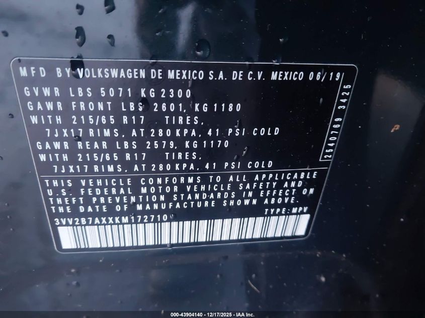 2019 Volkswagen Tiguan 2.0T Se/2.0T Sel/2.0T Sel R-Line/2.0T Sel R-Line Black VIN: 3VV2B7AXXKM172710 Lot: 43904140