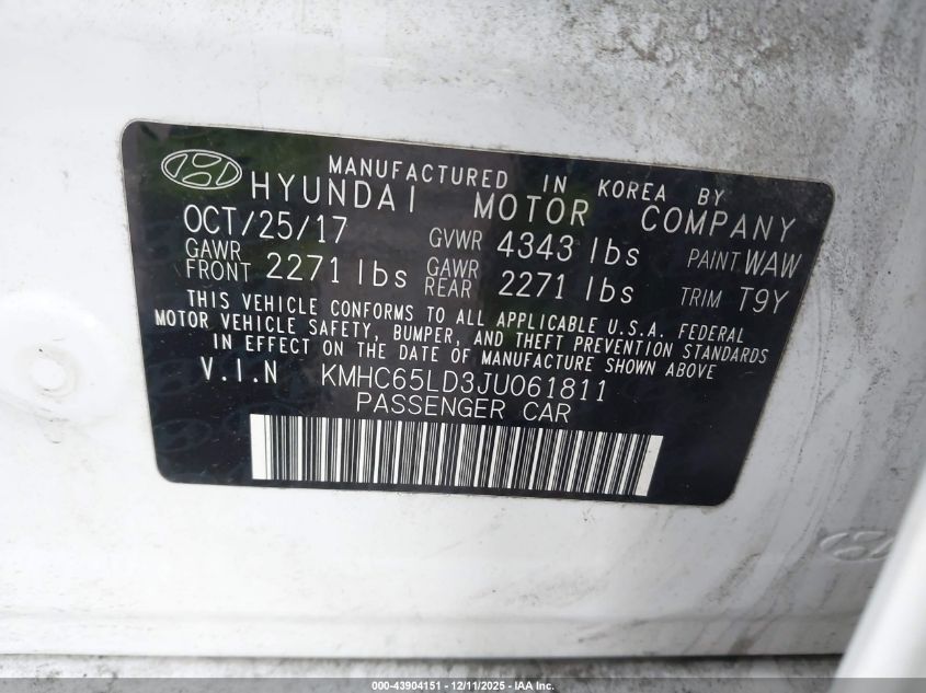 2018 Hyundai Ioniq Plug-In Hybrid VIN: KMHC65LD3JU061811 Lot: 43904151