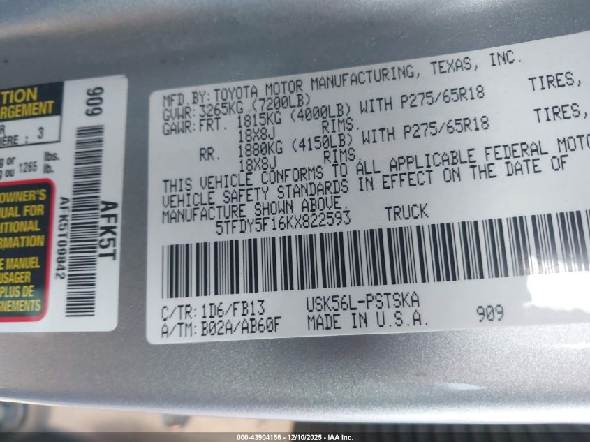 2019 Toyota Tundra Sr5 5.7L V8 VIN: 5TFDY5F16KX822593 Lot: 43904156