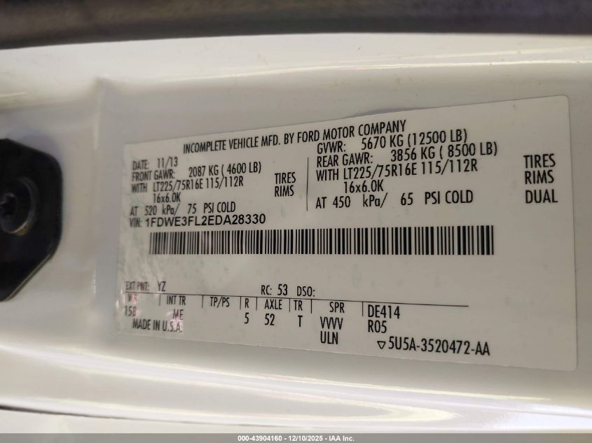 2014 Ford E-350 Cutaway VIN: 1FDWE3FL2EDA28330 Lot: 43904160