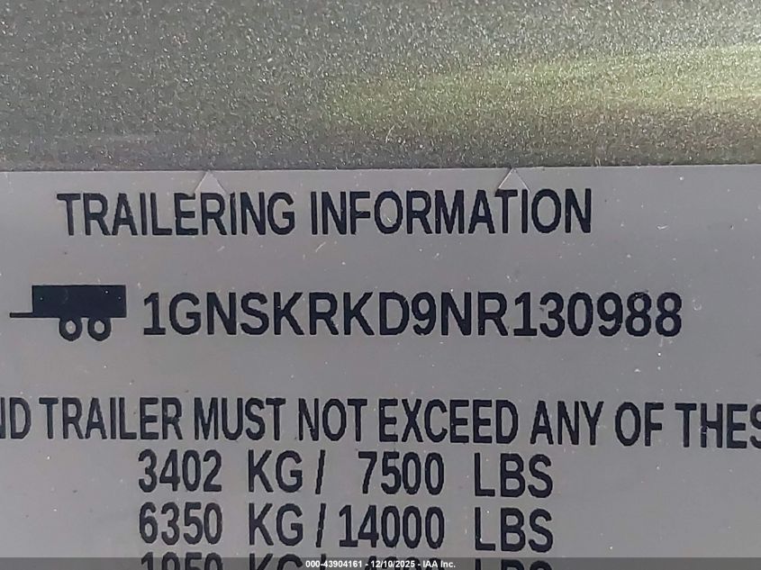 2022 Chevrolet Tahoe 4Wd Rst VIN: 1GNSKRKD9NR130988 Lot: 43904161