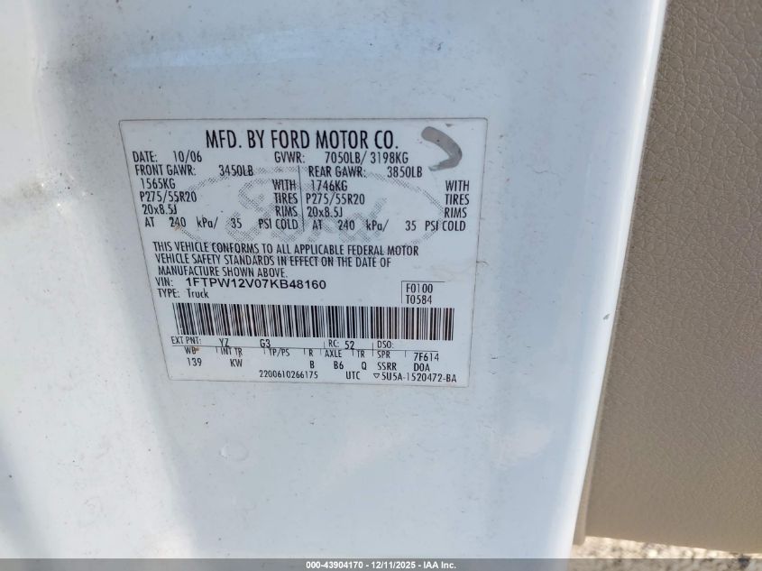 2007 Ford F-150 Lariat/Xlt VIN: 1FTPW12V07KB48160 Lot: 43904170