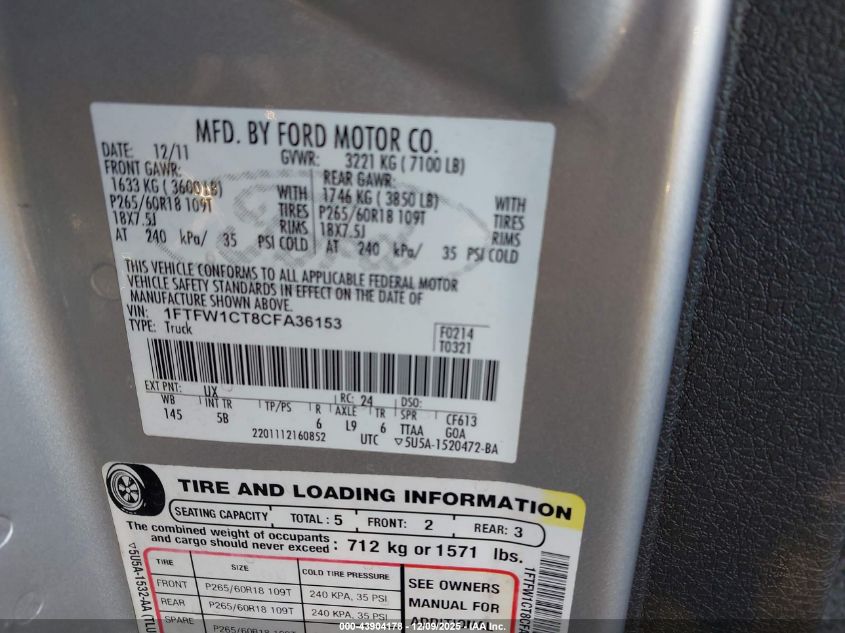 2012 Ford F-150 Fx2 VIN: 1FTFW1CT8CFA36153 Lot: 43904178