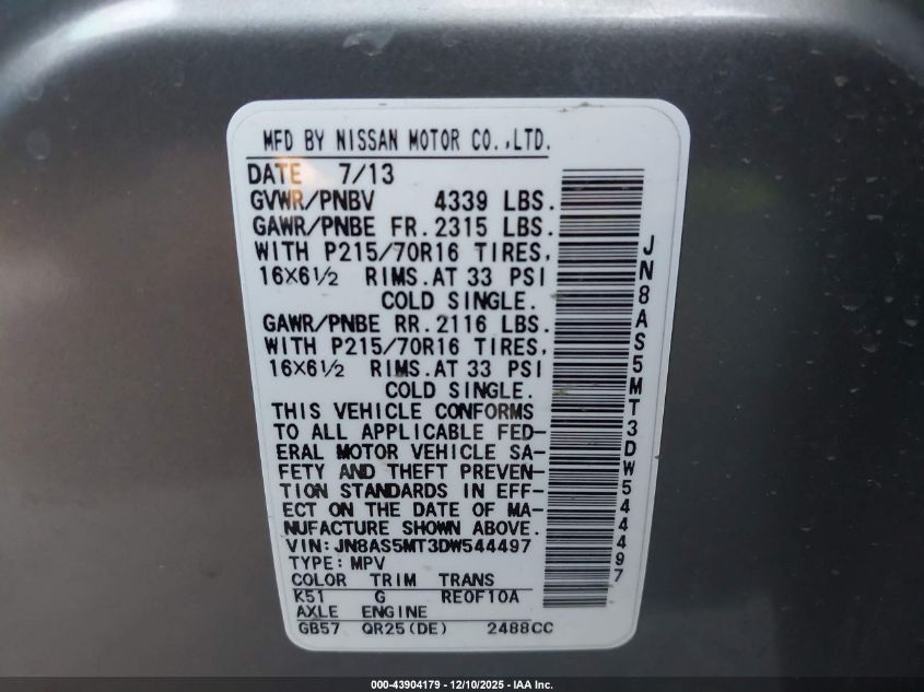 2013 Nissan Rogue S VIN: JN8AS5MT3DW544497 Lot: 43904179