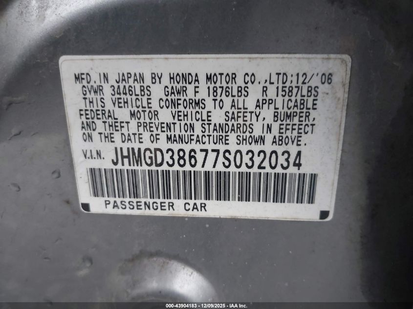 2007 Honda Fit Sport VIN: JHMGD38677S032034 Lot: 43904183