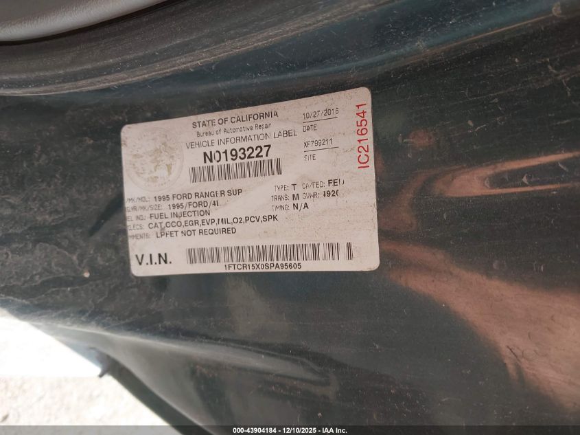 1995 Ford Ranger Super Cab VIN: 1FTCR15X0SPA95605 Lot: 43904184