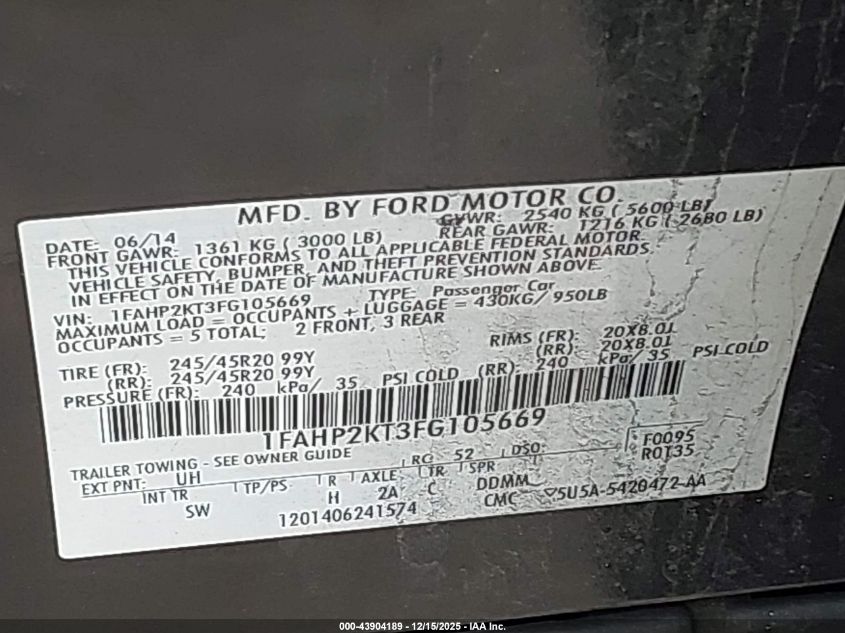 2015 Ford Taurus Sho VIN: 1FAHP2KT3FG105669 Lot: 43904189