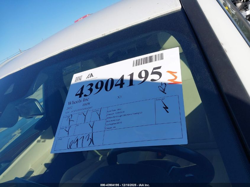 2022 BMW X3 xDrive30I VIN: 5UX53DP09N9K62661 Lot: 43904195