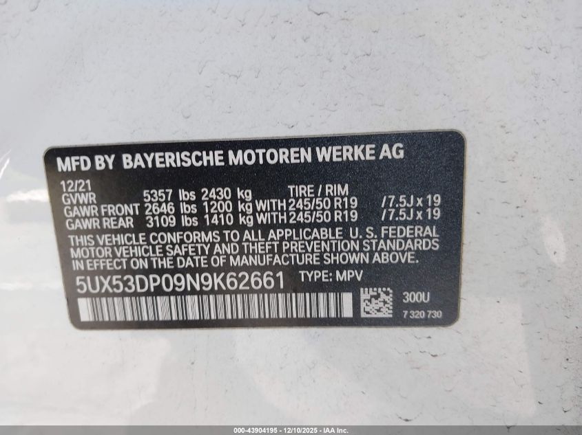 2022 BMW X3 xDrive30I VIN: 5UX53DP09N9K62661 Lot: 43904195