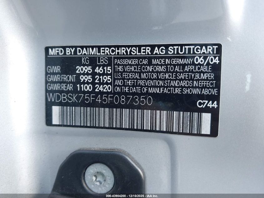 2005 Mercedes-Benz Sl 500 VIN: WDBSK75F45F087350 Lot: 43904200