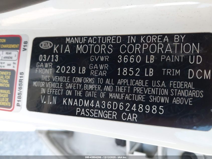 2013 Kia Rio Lx VIN: KNADM4A36D6248985 Lot: 43904206